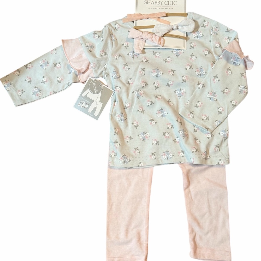 Shabby Chic Mint and Pink Floral Girls' outfit with 3 Headbands